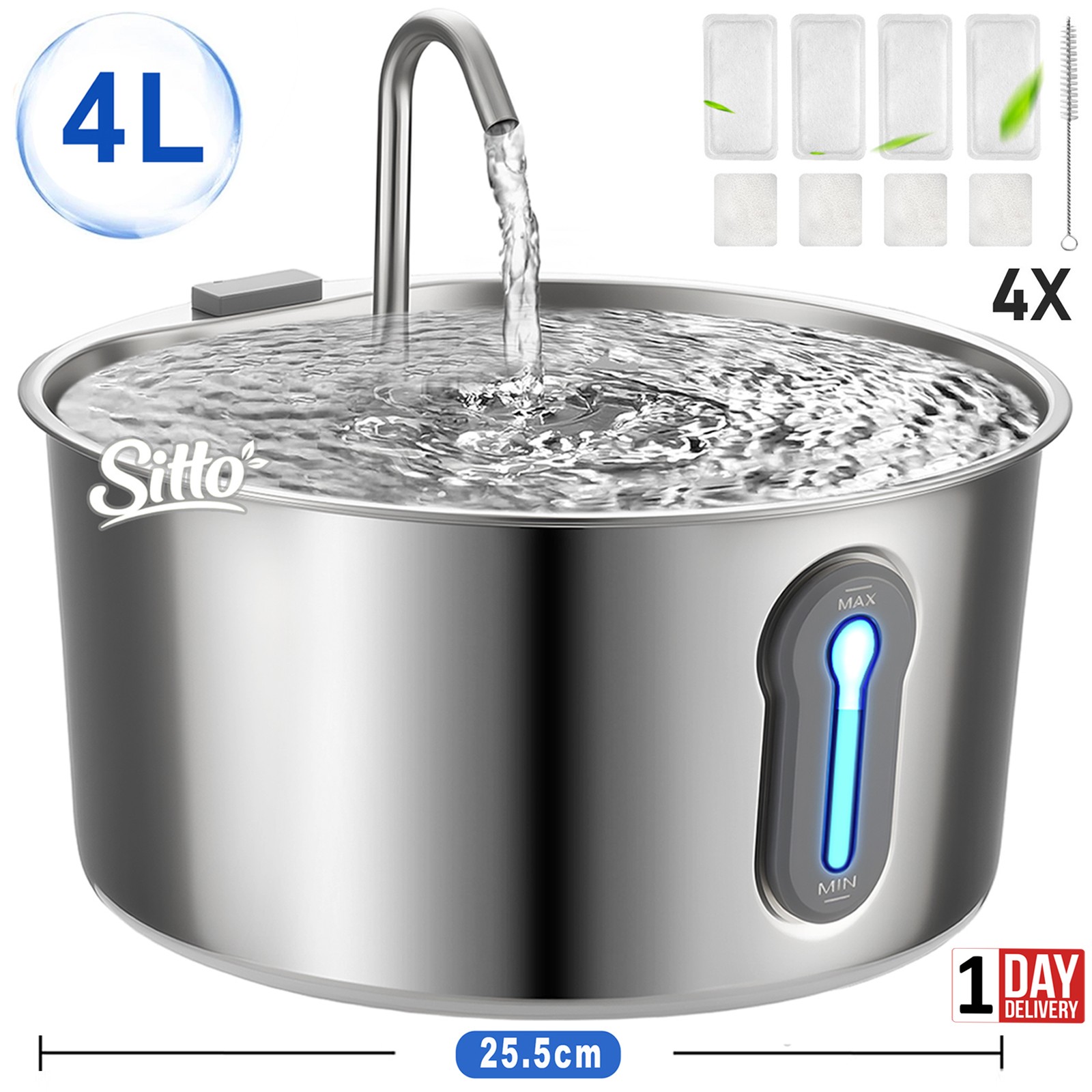 4L Water Fountain Pet Mate Drinking Stainless Steel Small Dog Cat + 4 Filters