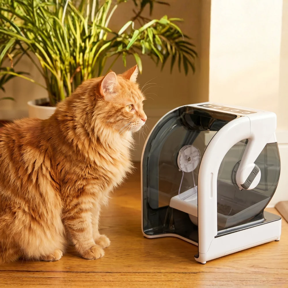Closer Pets MiBowl Microchip Pet Feeder CP500 beside a ginger cat
