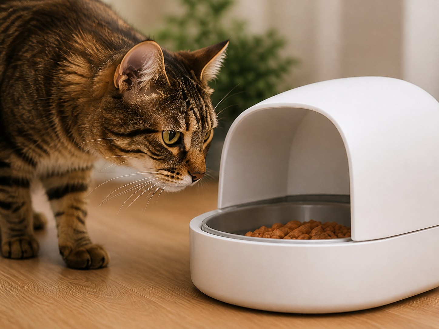 A tabby cat approaching an unbranded covered feeder bowl